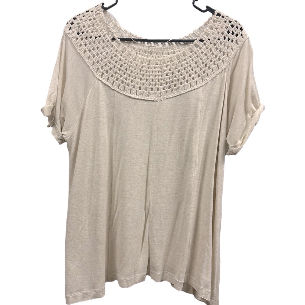 Maurices Oatmeal Macrame Neck Boho Short Sleeve Flowy Tunic Blouse Top Womens L